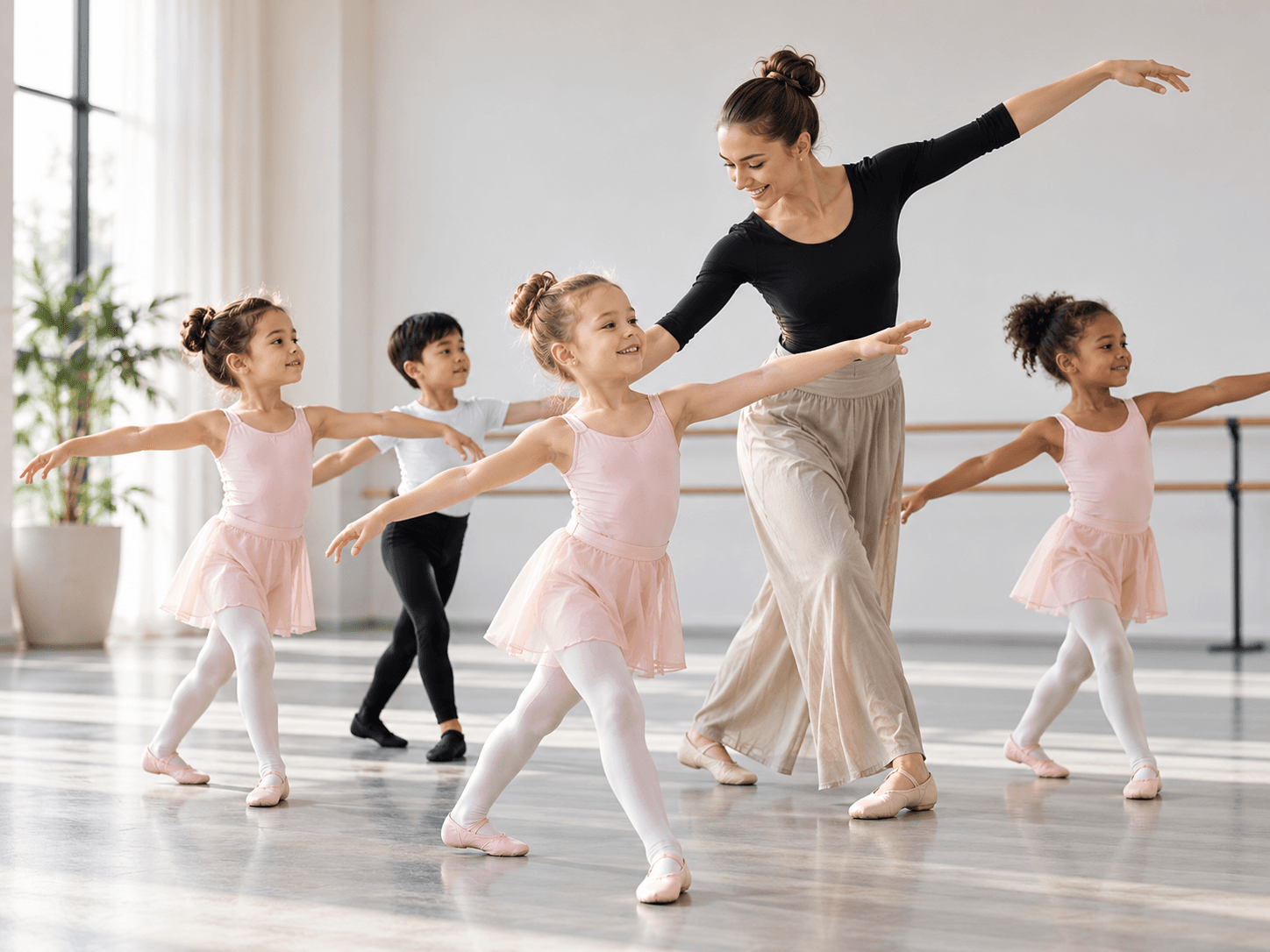 Children practising dance in a studio class.
