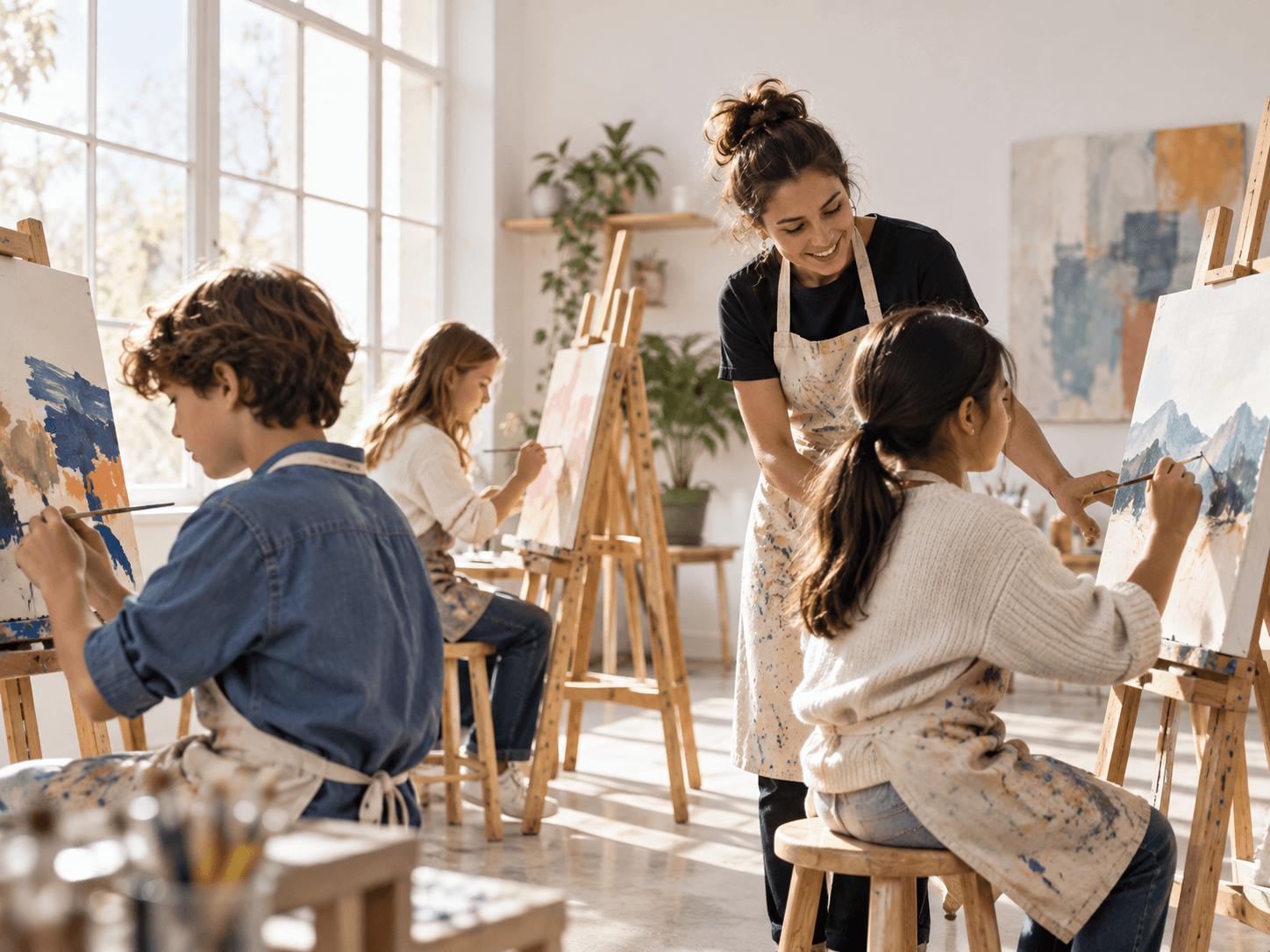 Children learning to paint during a creative art lesson.
